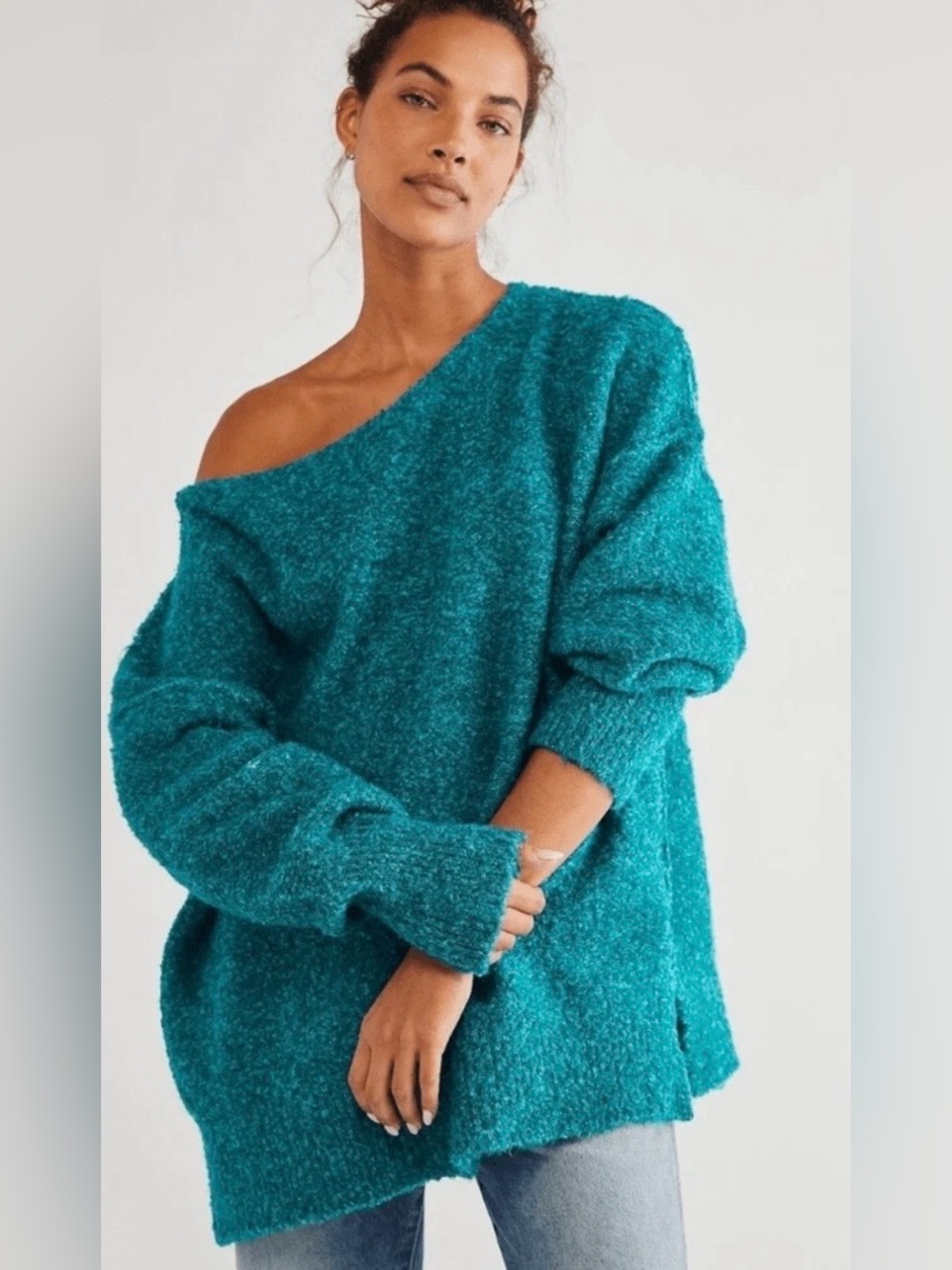Free People Moria Slouchy Off the Bouclé Off-Shoulder Sweater Large Teal